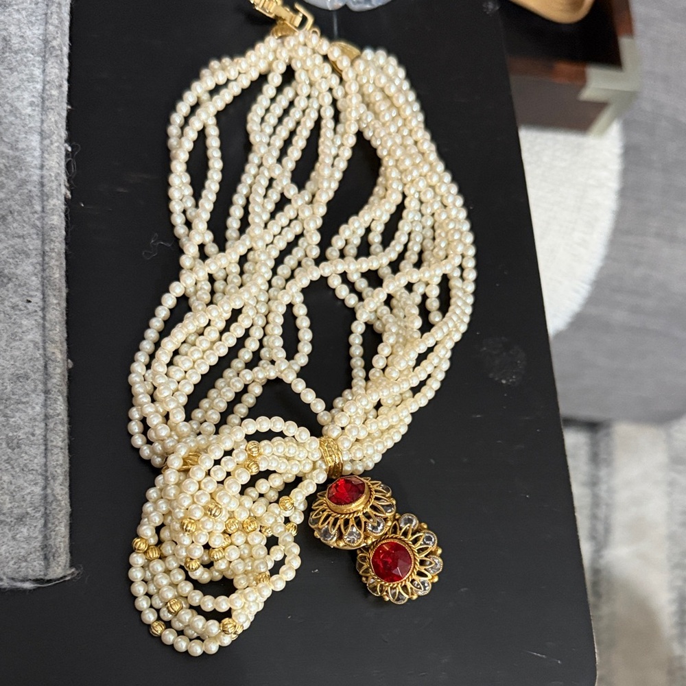 Elegant Pearl and Red Stone Necklace